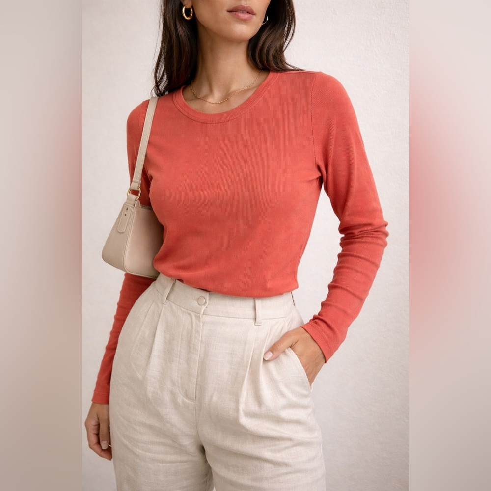 Banana Republic Ribbed Long Sleeve Top | Rust Terracotta | Stretch Fitted Basic